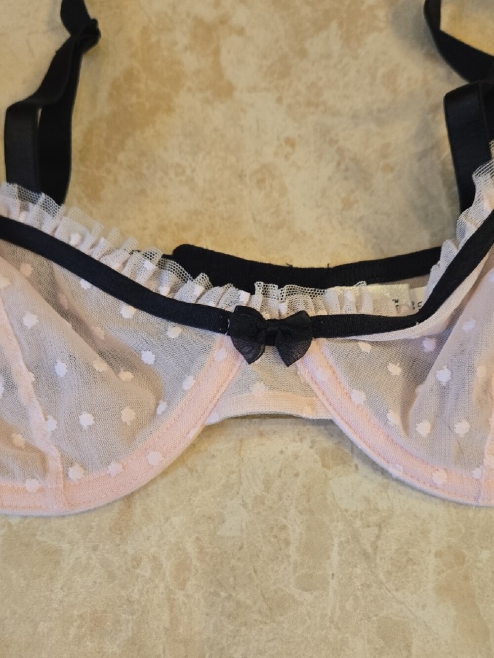 Frederick's of Hollywood Pink Mesh Polka Dot Bra & Skirt Set & Black Trim NWOT - Picture 2 of 9